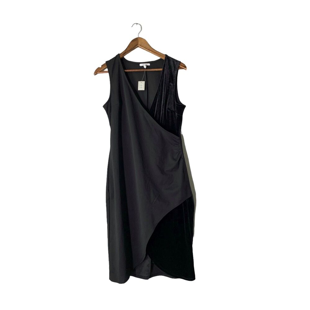 NWT Maurices Black Midi Dress Womens Sz M Faux Wrap Mixed Media V Neck Tulip